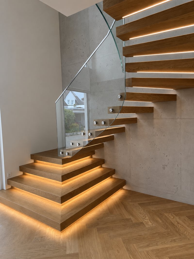 Seitenansicht schwebende Kragarmtreppe Eiche Usingen Hessen
