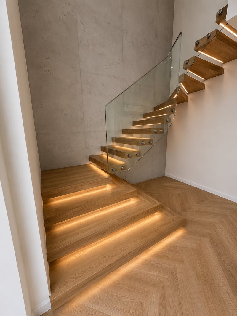 Wandanschluss Kragarmtreppe Eiche Usingen, Lichtfuge zwischen Stufe und Wand