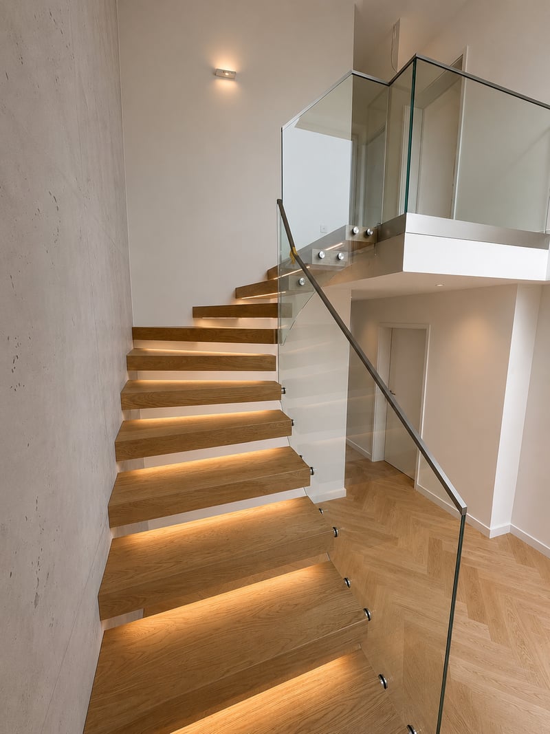Edelstahl-Handlauf Kragarmtreppe Usingen, schlanke Wandbefestigung